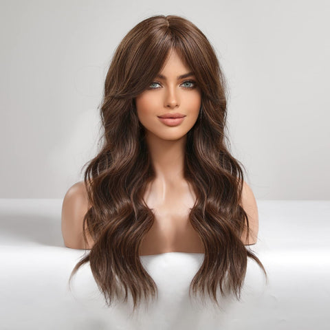 ECIF Long Brown Wigs For Women Curly Synthetic Wig With Bangs Middle Parting For Party And Cosplay