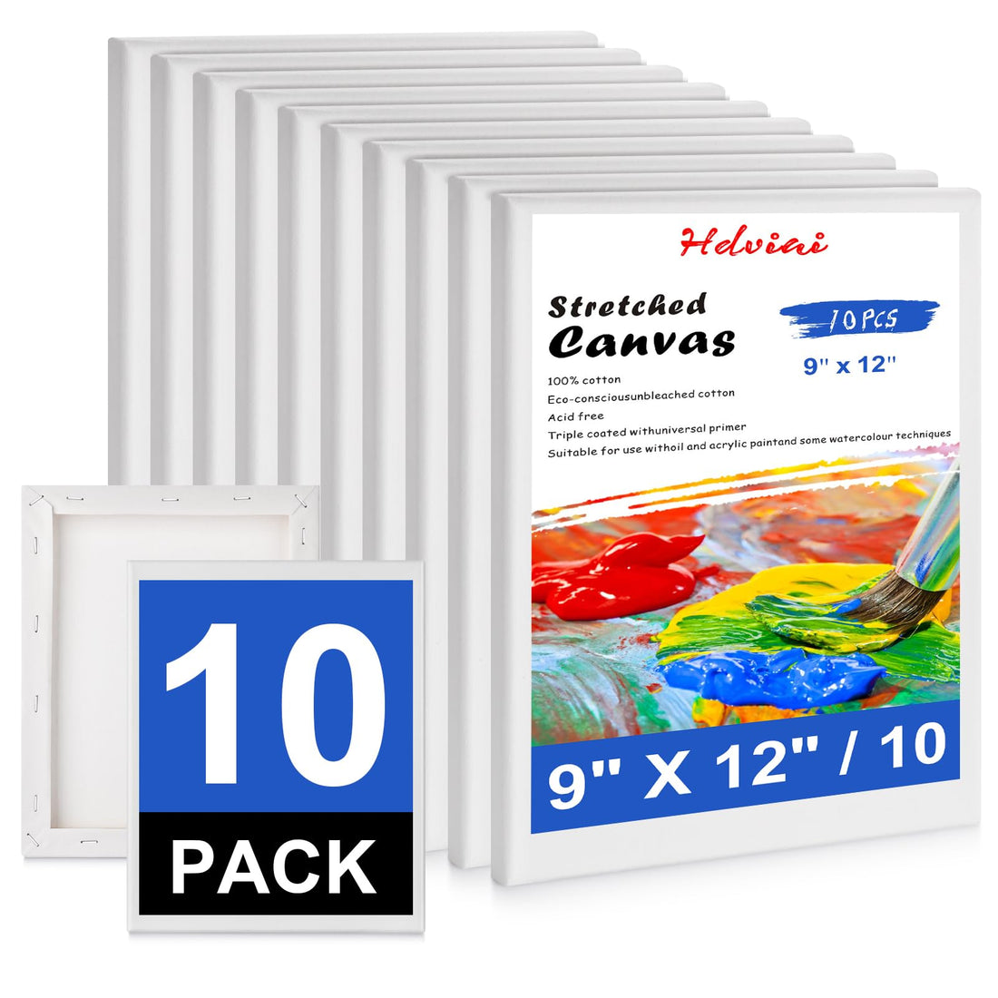 Stretched Canvas for Painting - 9x12 Inch/10 Canvas Value Pack - Triple Primer Acid Free 100% Cotton Blank Canvas for Painting Supplies Oil and Acrylic Pouring Art Watercolor