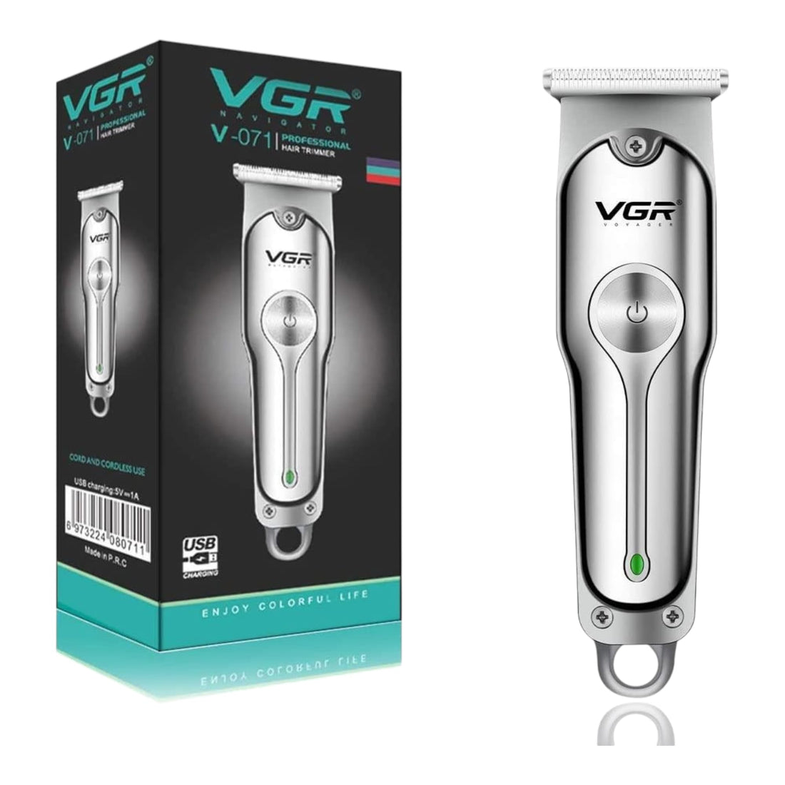 VGR Professional Hair Trimmer V-071, T-Blade, 2 Speed Motor, USB Rechargeable, with 3 Guide Combs (silver) (Silver 1)