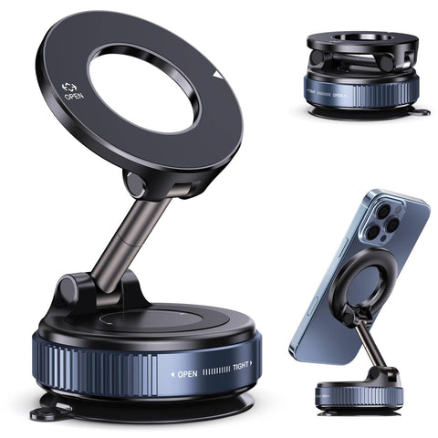 Jikasho Vacuum Magnetic Suction Phone Holder, Foldable and Retractable Hands-Free Suction Cup Phone Mount for Car/Gym/Mirror/Smooth Surface, Compatible with iPhone Android and All Smartphones (Black)