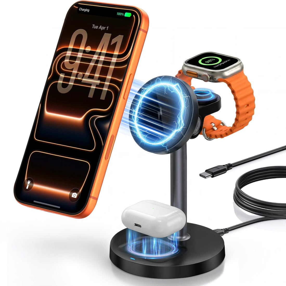 Garlo 3 in 1 Wireless Charger Station for Apple iPhone & Airpods & Watch with MagSafe charging Stand, 15W Magnetic Fast Charging Stand, Wireless Charger Station for Samsung & iPhone 17 16 15 14 13 12