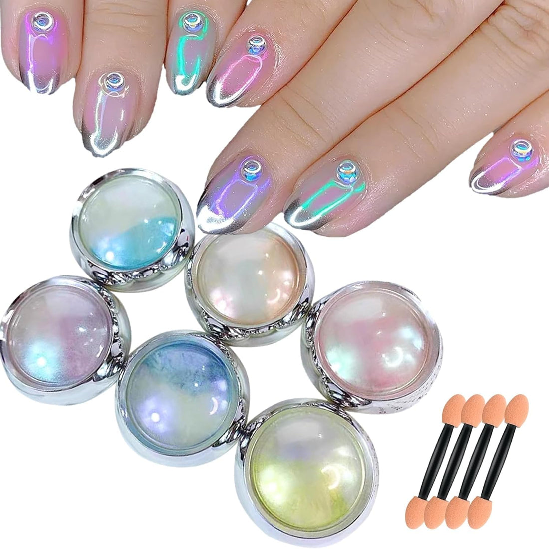 6 Mermaid Chrome Nail Powder, Aurora Nail Powder Iridescent Pearl Nail Art Powder