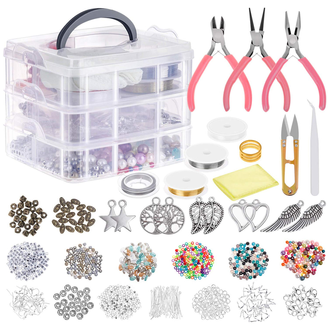 JAZZEEL Complete Jewelry Making Supplies Kit with Tools, Pliers, Beading Wire, Beads & Charms Findings for DIY Necklace, Earring & Bracelet Making and Repair Projects