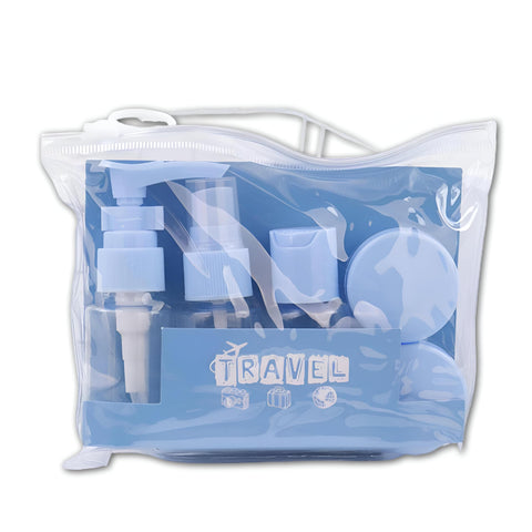 Empty Travel Bottles- Portable 5-Piece Kit, Small Refillable Plastic Spray Bottles, Cream Containers, Press Dispensers, Travel Size for Personal Care Products with Clear Storage Bag (color-blue)