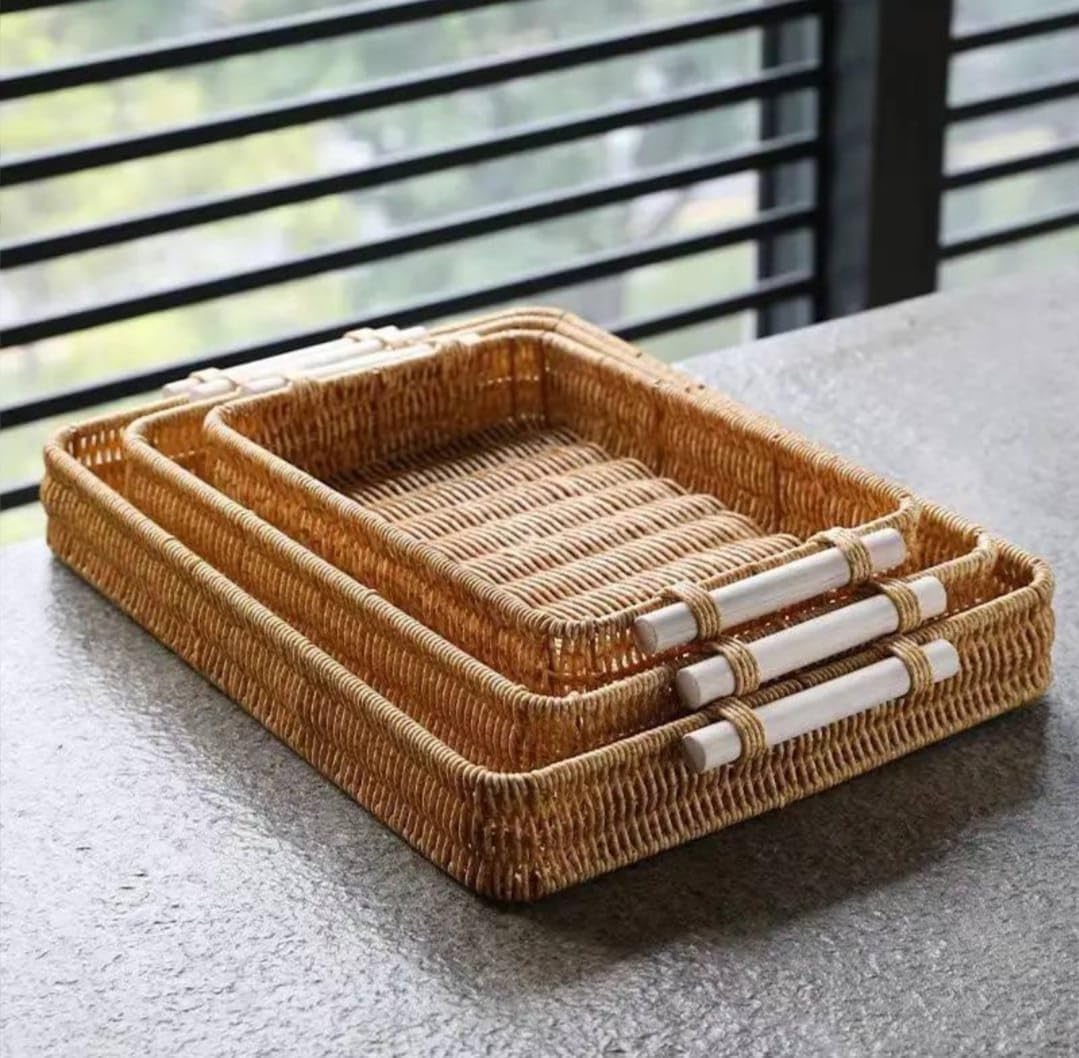 Wicker Woven Serving Trays with Handles – Rectangle Rattan Tray Set of 3 for Kitchen, Breakfast & Coffee Table