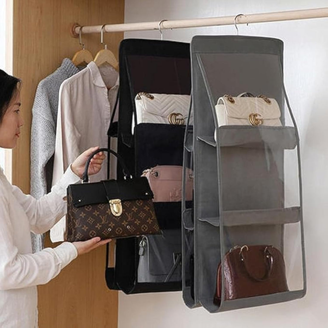 6 Grids Non-woven Hanging Storage Hangers Women Handbags Rack Ladies Bags Organizer Shoes Dustproof Storage Bag multicolor