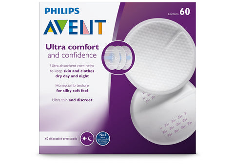 Philips AVENT Nursing Pads, 60 Count (Pack of 1), Extra Heavy Absorbency, Disposable, Modern Style, Leak Proof, Breathable, Ultra Thin, Honeycomb Texture, Individually Wrapped