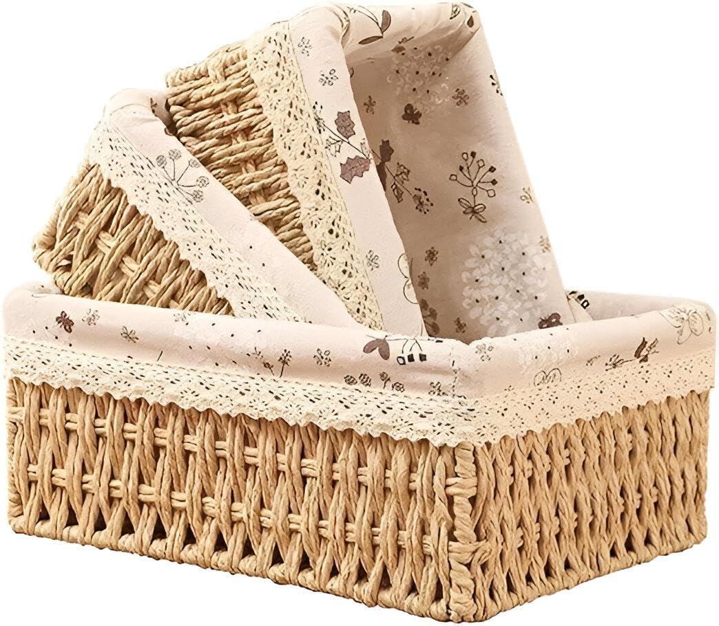 Organic Rattan Basket Trio - Elegant 3-piece linen-wrapped storage solution with compact, medium, and large dimensions for tidy home organization of personal items.
