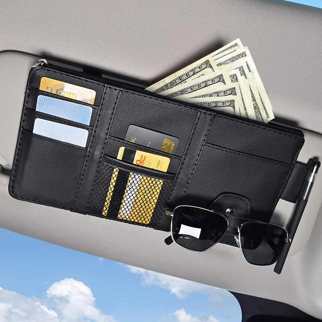 Car Sun Visor Organizer,Travel Document Holder Car Accessory Storage for Cash,Cards, Keys, Pen, Sunglasses(Black)