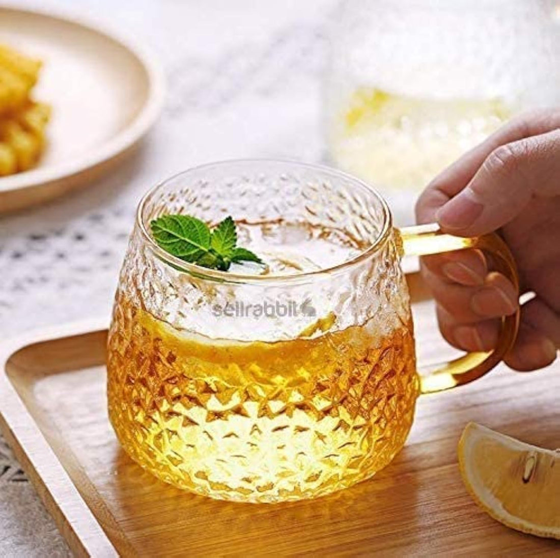 Pack of 6 Designer Posh Rich Looking Transparent Glass Coffee Mugs, Tea Mug with Convenient Solid Golden Handle, Warm and Cold Beverage Mugs, 410 Ml, Set of 6