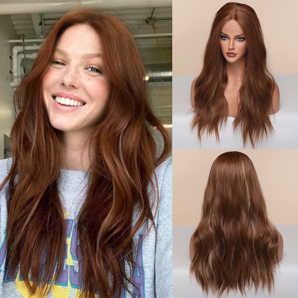 ECIF Brown Wig Long Curly Brown Lace Front Wig Honey Brown Highlights Blonde Wigs For Women Natural Looking Synthetic Wig For Daliy Use Parties (Reddish Brown)