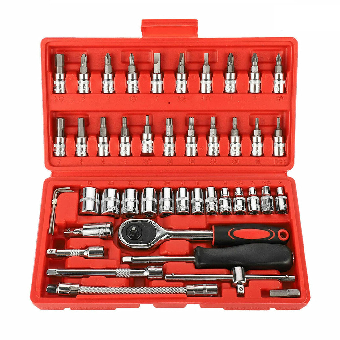 46Pcs Ratchet Wrench Socket Tools Set Metric 1/4'' Drive with Box
