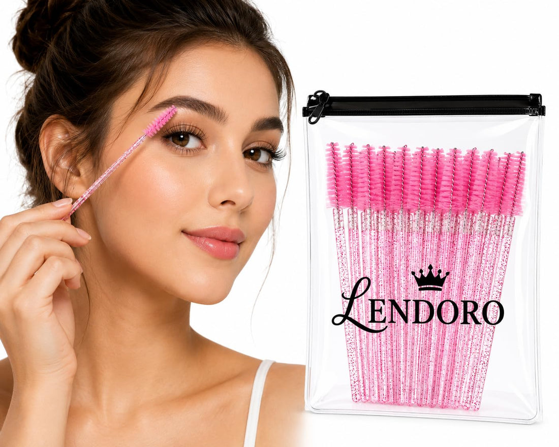 LENDORO 50 Pcs Disposable Eyebrow Spoolie Brushes, Soft Nylon Bristles, Flexible Head, Glitter Handle, for Lashes & Brows (Random Color)