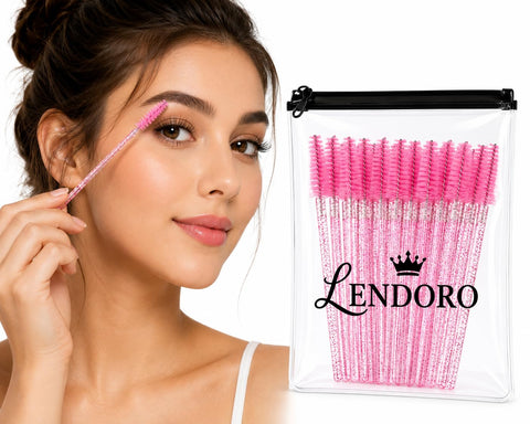 LENDORO 50 Pcs Disposable Eyebrow Spoolie Brushes, Soft Nylon Bristles, Flexible Head, Glitter Handle, for Lashes & Brows (Random Color)