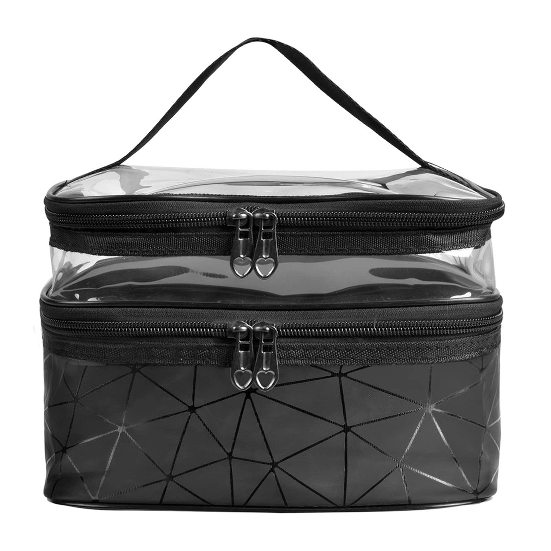 Travel Toiletry Bags Double Layer Cosmetic Bag Portable Makeup Bag Organizer Large Wash Bag Made of Waterproof Clear PVC PU with Zipper & Handle for Women Girl Travel Business Daily Storage Use, Black