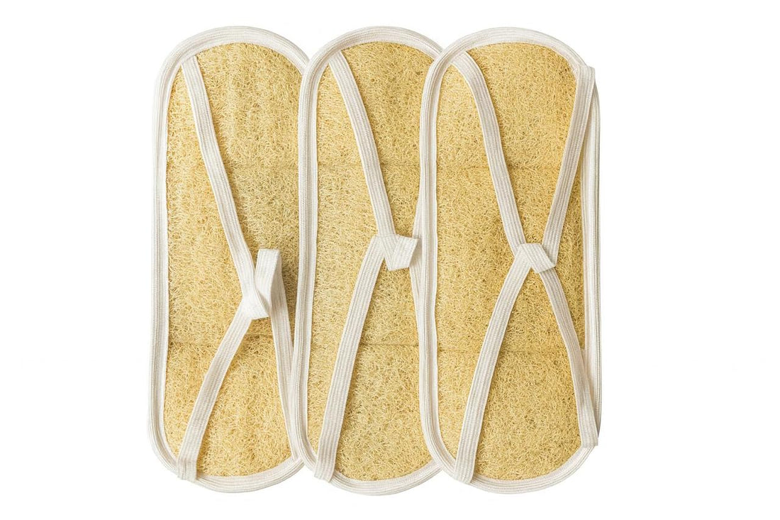 Treprof TRE-5130 Natural Oval Massage Loofah With Fabric Handle For Bath, Spa, Shower - White - Pack of 3