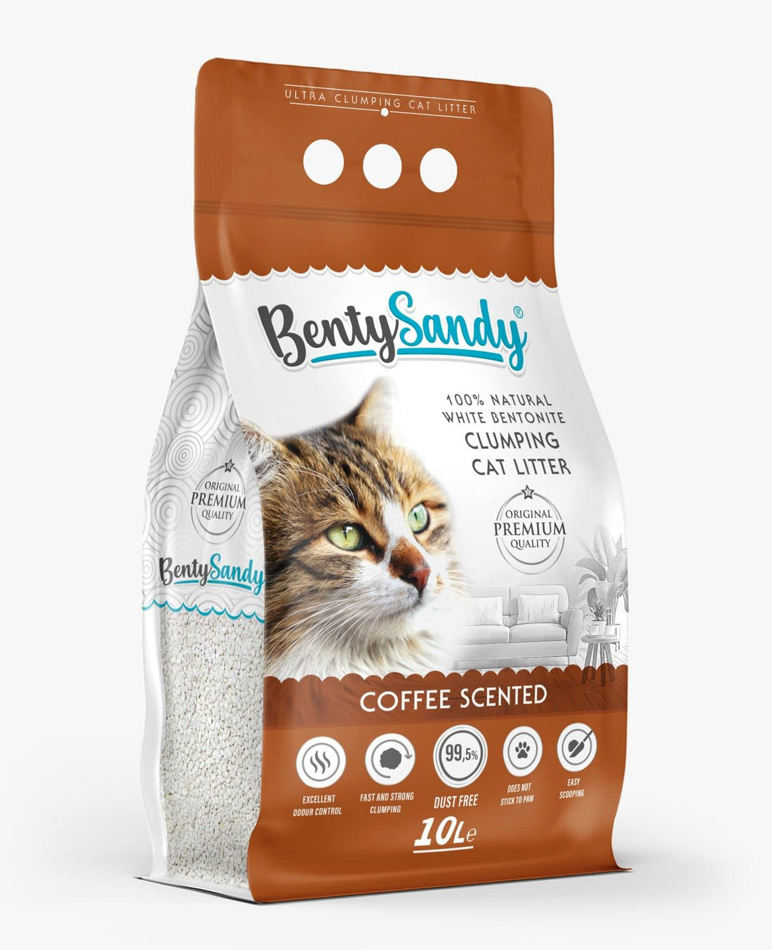 Benty Sandy Ultra Clumping Cat Litter 100% Natural White Bentonite – 99.5% Dust Free – Strong Odor Control – Easy Scooping – Multiple Scents – 5L & 10L (10L, Coffee)