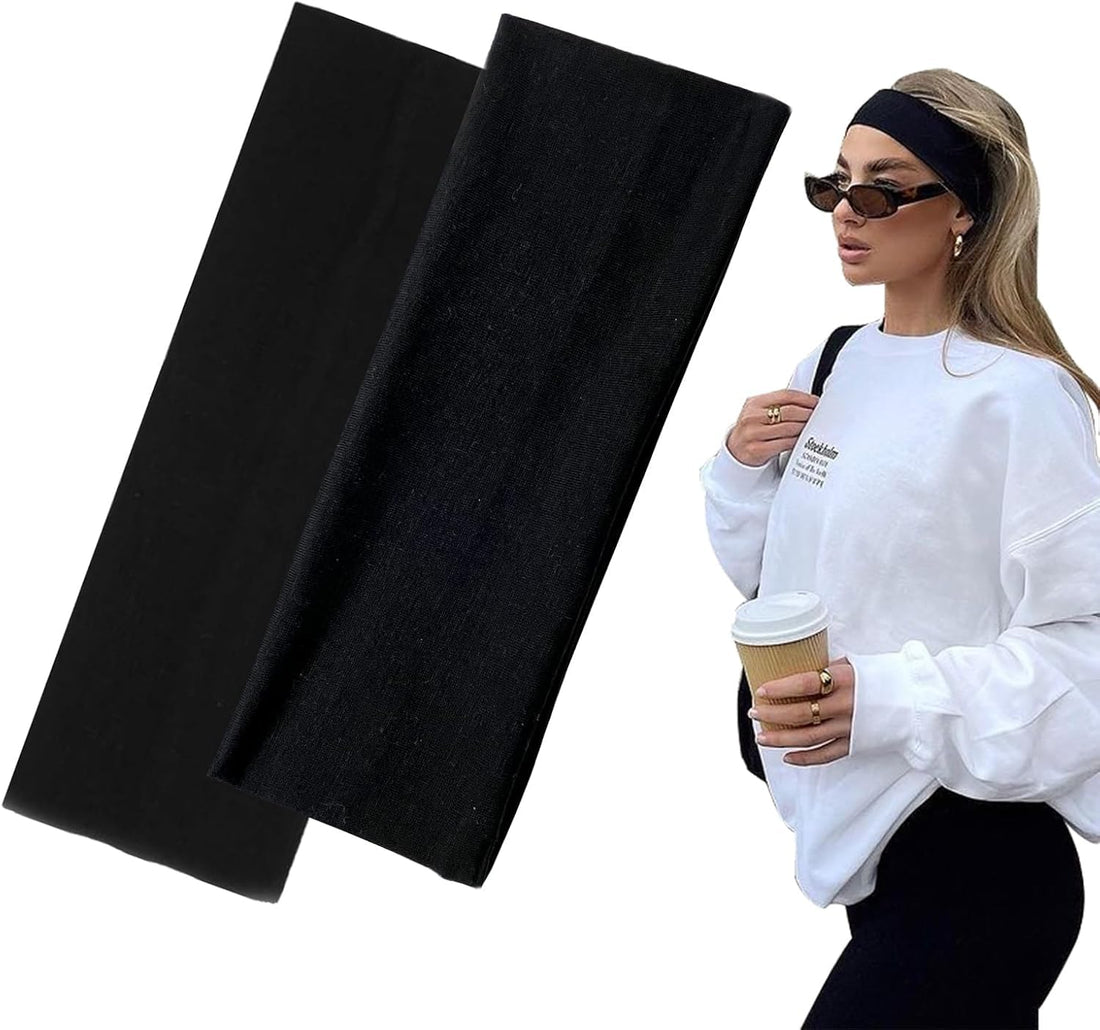 2 Pack 7cm Wide Black Headband for Women Men, Fashion Headbands for Women Hair, Soft Fabric Stretchy Hair Bands for Makeup, Yoga, Running, Sports