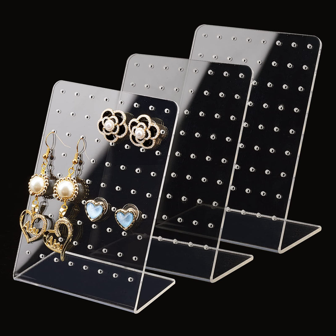 JAZZEEL A Set of 3 72-Hole L-Shaped Clear Acrylic Earring Holder Display Stands - A Jewelry Showcase and Organizer for Earrings and Ear Studs for Retail or Personal Use - 3 Pcs