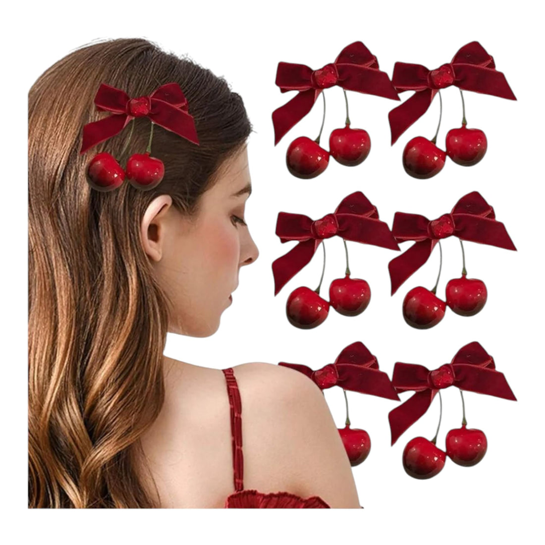 6 Pieces Cherry Bow Hair Clips, Velvet Hair Clips for Women Teen Girls Ponytail Hair Accessories, Red Fruit