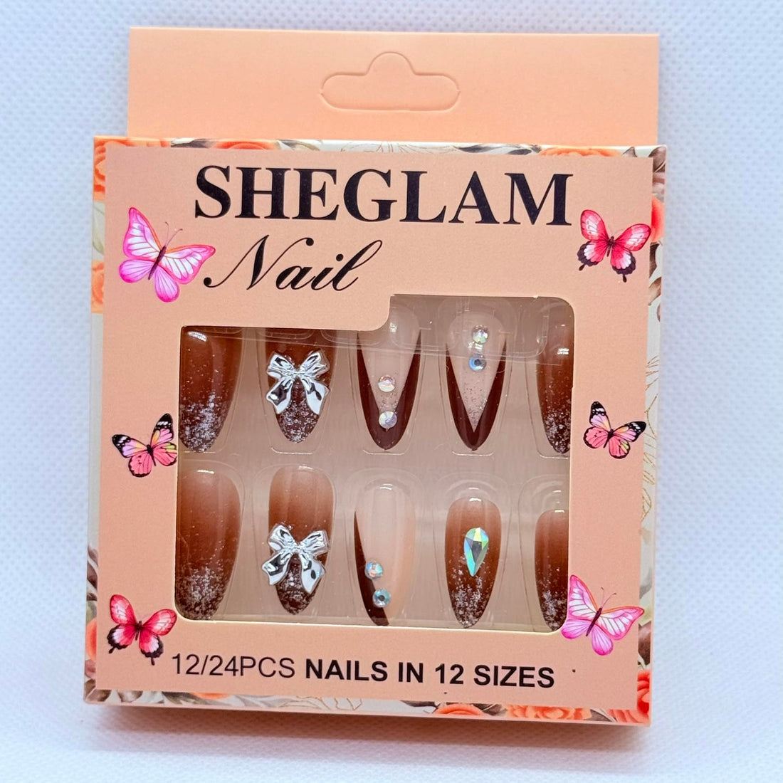 Press On Nails Almond Shape Professional Nail Art – 12 Colors & Designs, Salon Finish Luxury Fake Nails for Women (Brown & Nail Art)