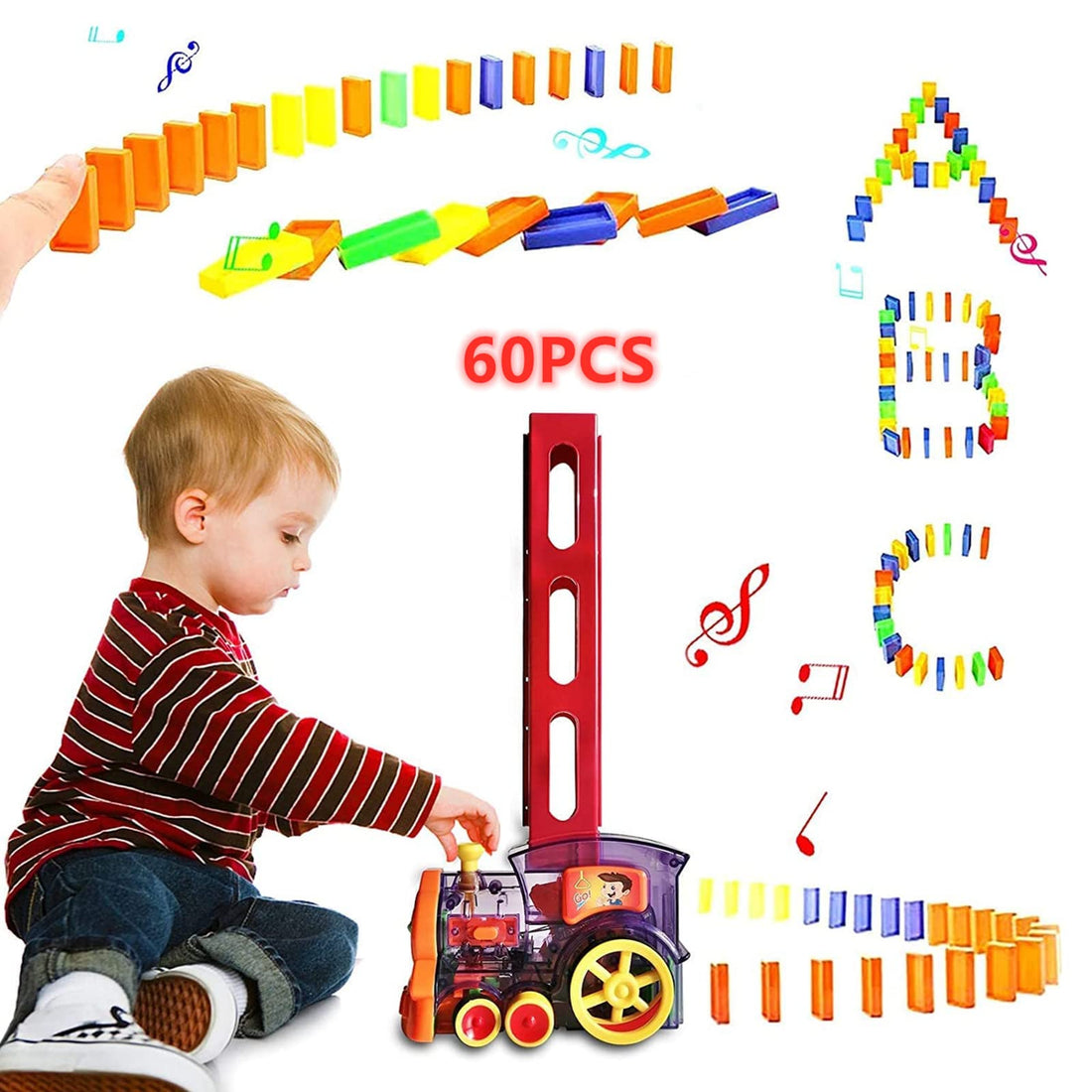 Domino Train Set, Automatic Dominoes Train Toys for Kids with 60 Colorful Blocks and Sound,Electric Domino Brick Laying Train Set Kids Games Building and Stacking Toy for 3+ Year Old Boys Girls