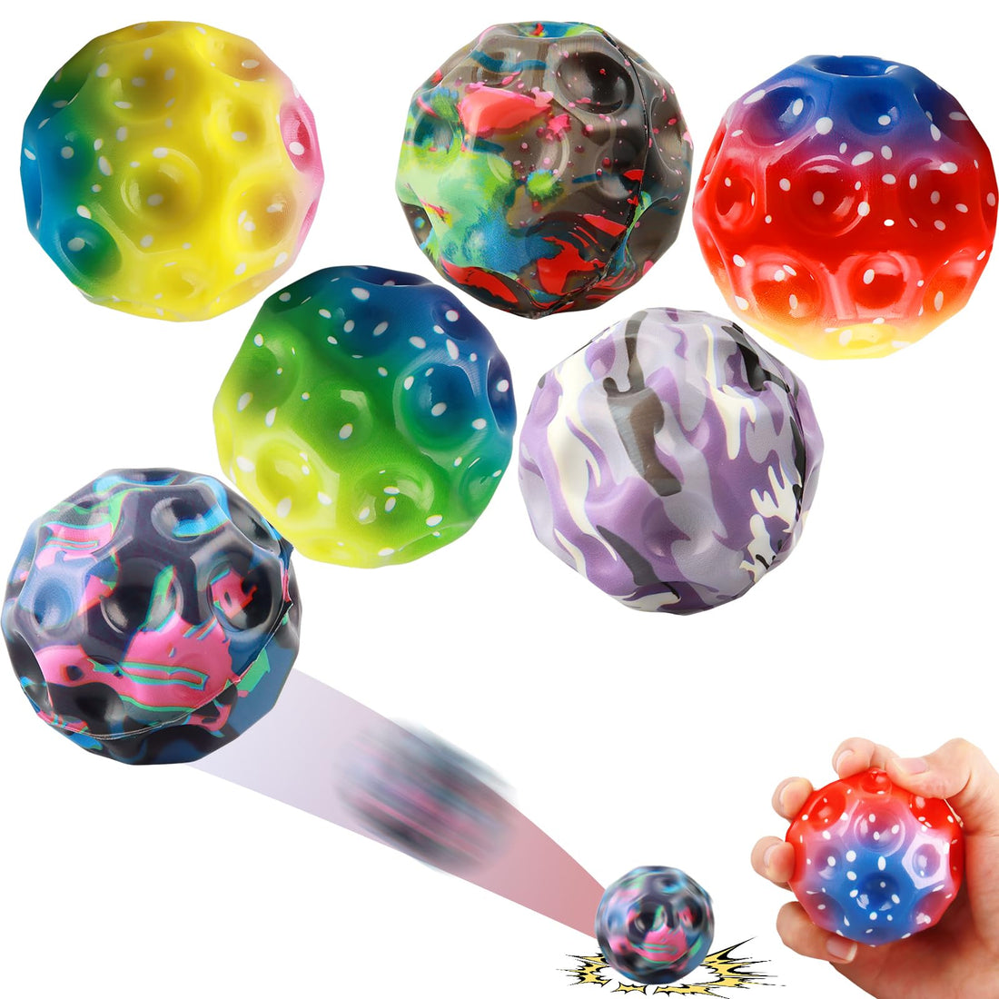 Moon Ball, Pack of 6 Super High Bouncing Balls, Makes a Popping Sound, Lightweight, Easy to Grip and Catch, High Jumping Rubber Balls, Interactive Toy for Little Kid, Big Kid