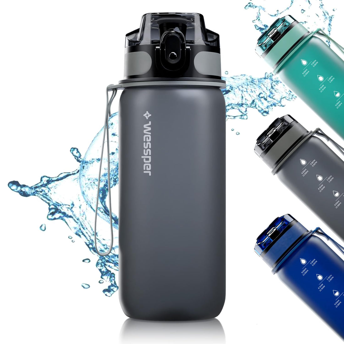 Wessper Tritan Water Bottle 500 ml Grey Water Bottle with Time Marking BPA-Free Leak-proof Sports Bottle for Bicycle School Children Hiking Sports Water Bottle Fitness Bottle Dishwasher Safe