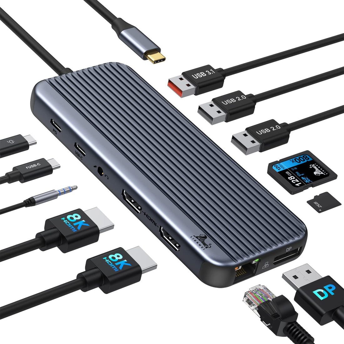 Dual HDMI Docking Station USB C to 4K Dual Monitor, LIONWEI USB C Hub with 2 HDMI, Displayport, 10Gbps USB 3.1, RJ45