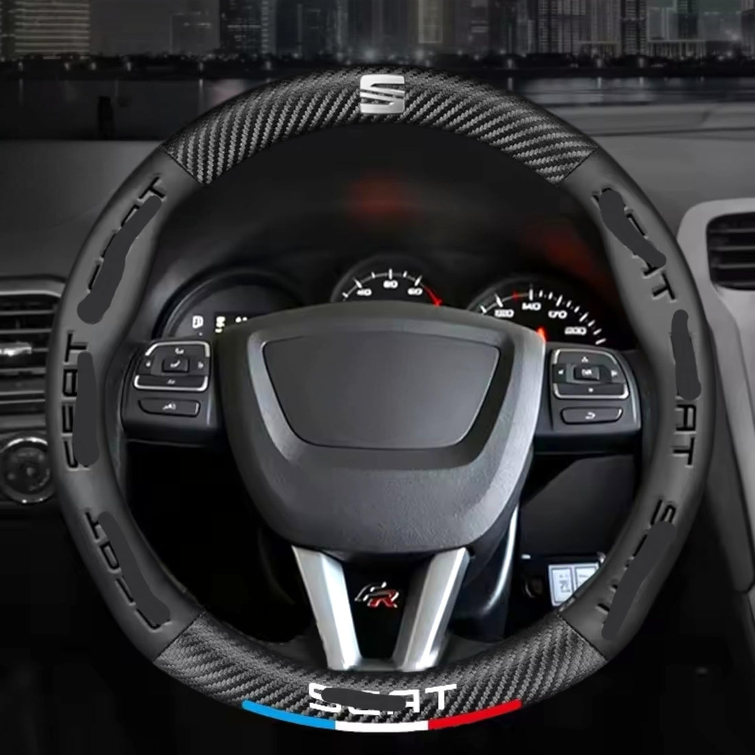 Car Steering Wheel Cover Premium Quality Carbon Leather Engraved Car Style Non-Slip Car SUV Sedan (Black Round.)