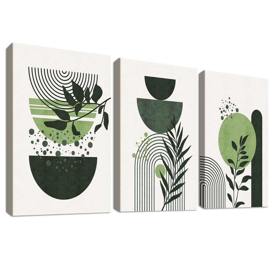 3 Pcs Boho Sage Green Canvas Print Framed Geometric Line Minimalist Leaf Painting Canvas Paintings Modern Bedroom Living Room Wall Decorations 90x40cm(12"x16"x3pcs)