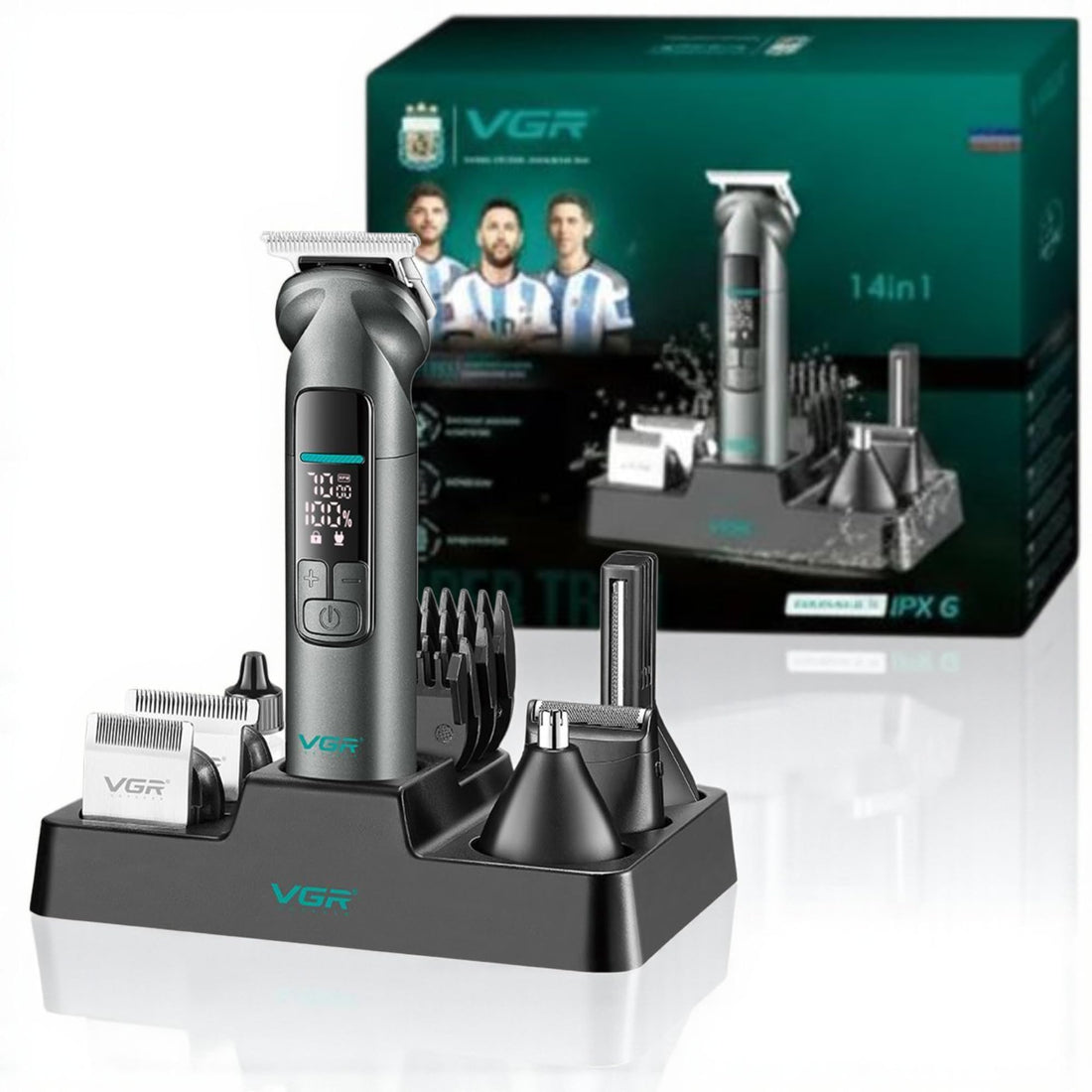 VGR IPX7 Professional Hair Trimmer Kit, 14-in-1 Waterproof Grooming Set with Metal Design, 150-Min Runtime, 7000 RPM Motor, Digital Display, USB Charging, Stand
