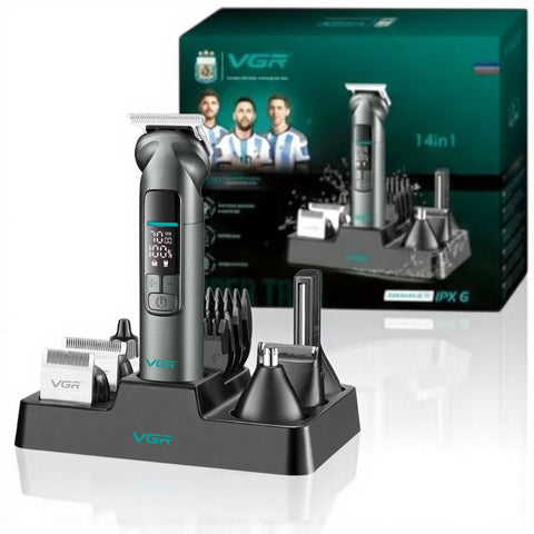 VGR IPX7 Professional Hair Trimmer Kit, 14-in-1 Waterproof Grooming Set with Metal Design, 150-Min Runtime, 7000 RPM Motor, Digital Display, USB Charging, Stand