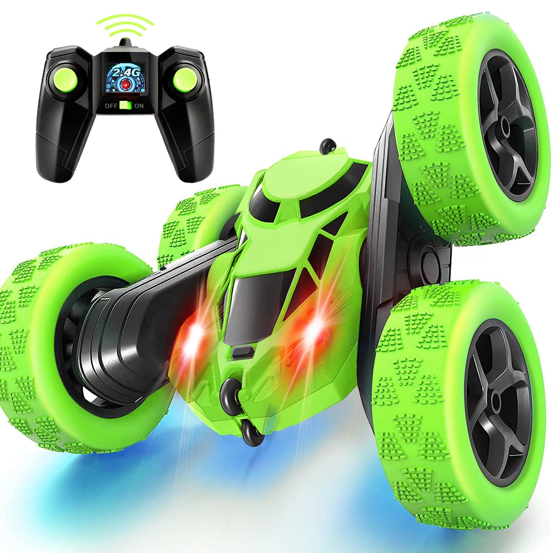 MidiVix Remote Control Car Stunt RC Cars, 90 Min Playtime, 2.4Ghz Double Sided 360° Rotating RC Crawler with Headlights, 4WD Off Road Drift RC Race Car Toy for Boys and Girls Aged 6-12 Green