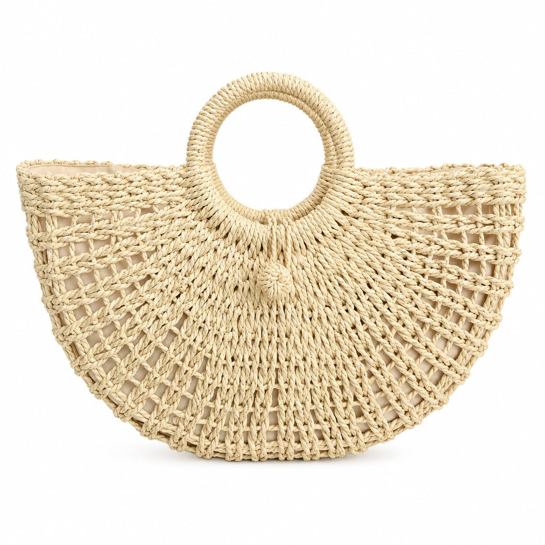 Woven Straw Tote Bag, Half Moon Shape, Round Handle, Natural Tan, Open Weave, Summer Beach Handbag