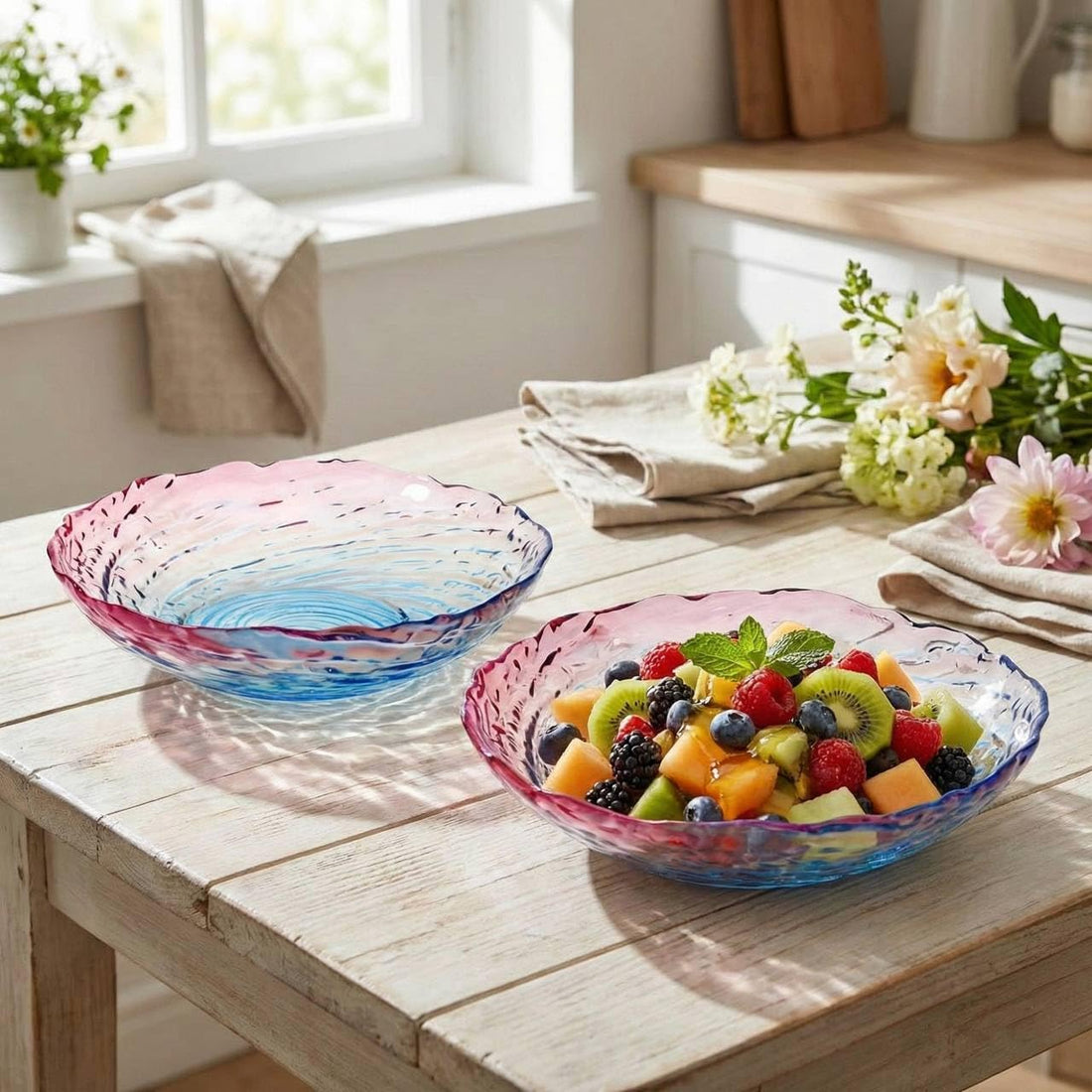 Glass Serving Bowl Set, Pink and Blue, Imported, 2 Pieces, .sew