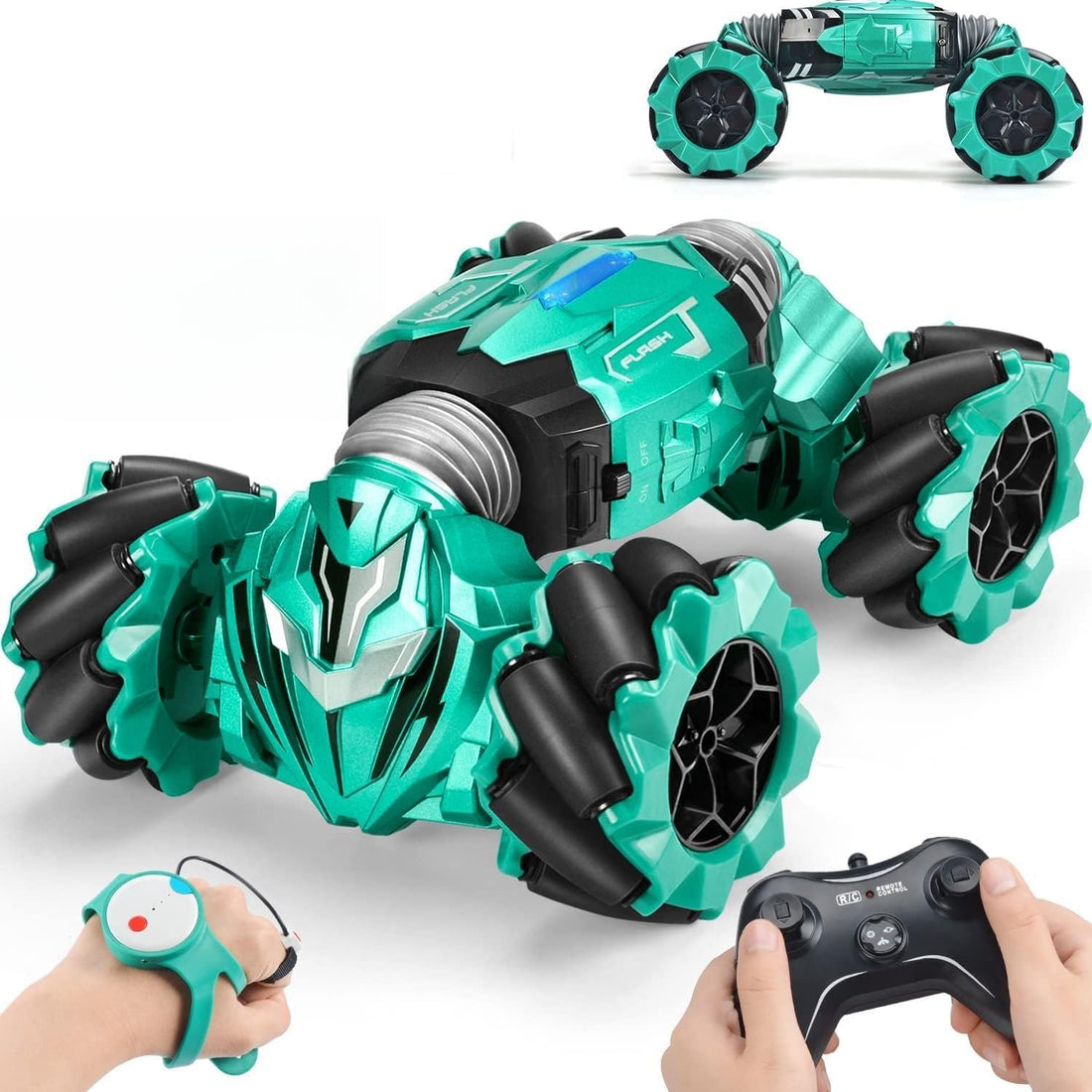 KIDSZONE RC Stunt Car – 4WD 2.4GHz Remote Control, 360° Rotating Drift, Gesture Sensor, LED Lights, Music & Spray Launcher, Off-Road Rechargeable Toy for Kids & Adults (Blue)