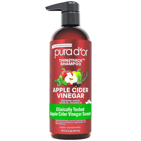 PURA D'OR Apple Cider Vinegar Thin2Thick Shampoo (16oz / 473ml) Biotin, Castor Oil for Reduced Frizz, Split Ends, Clarifying & Detox, No Parabens, No Sulfates, All Hair Types, Men & Women