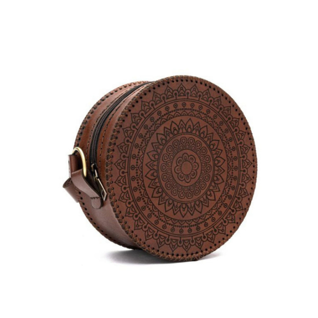 Viola Handcrafted Mandala Round Crossbody Bag — Genuine Full-Grain Leather