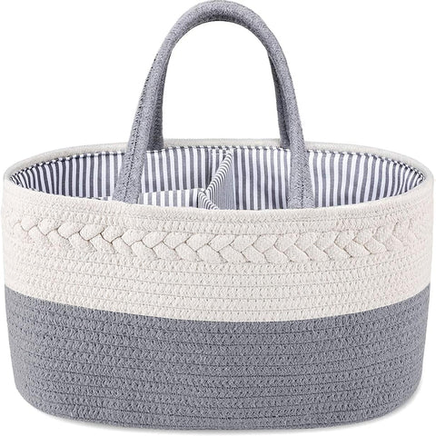 YelaJoy Baby Diaper Caddy,Cotton Rope Diaper Caddy Basket, Nursery Storage Bin and Car Organizer for Diapers Wipes, Cotton Rope Basket Changing Table Caddy,Baby Shower Gifts for Newborn,Grey