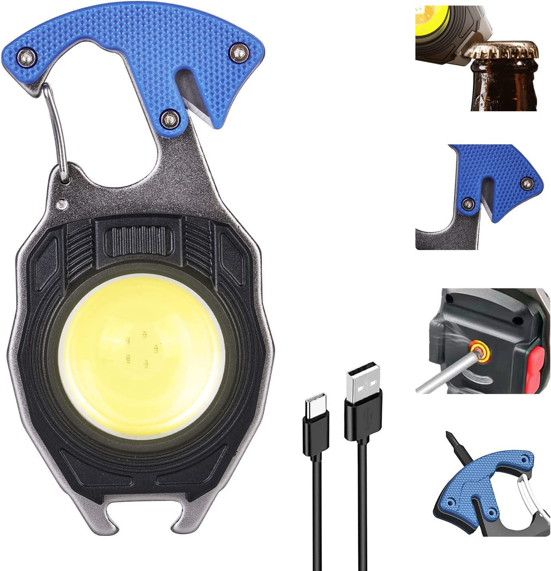 Molbory Portable Mini LED Work Light, 7 Modes Mini LED Inspection Lights, Rechargeable Work Lamp, Key Ring, Torch with Bottle Opener, Magnetic Base for Camping, Repair, Emergency Lighting
