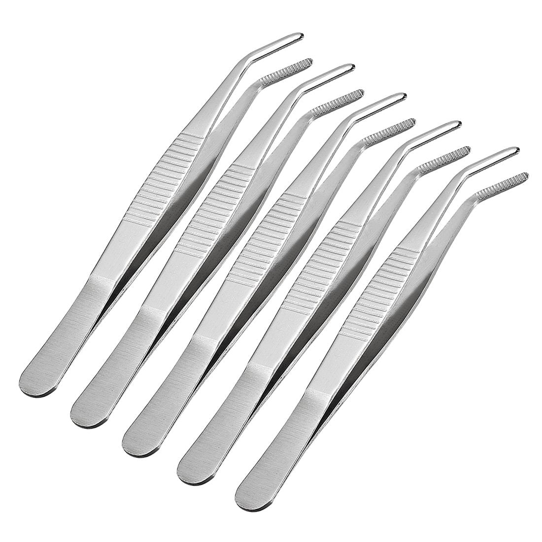 uxcell 5 Pcs 5-Inch Stainless Steel Tweezers with Curved Serrated Tip