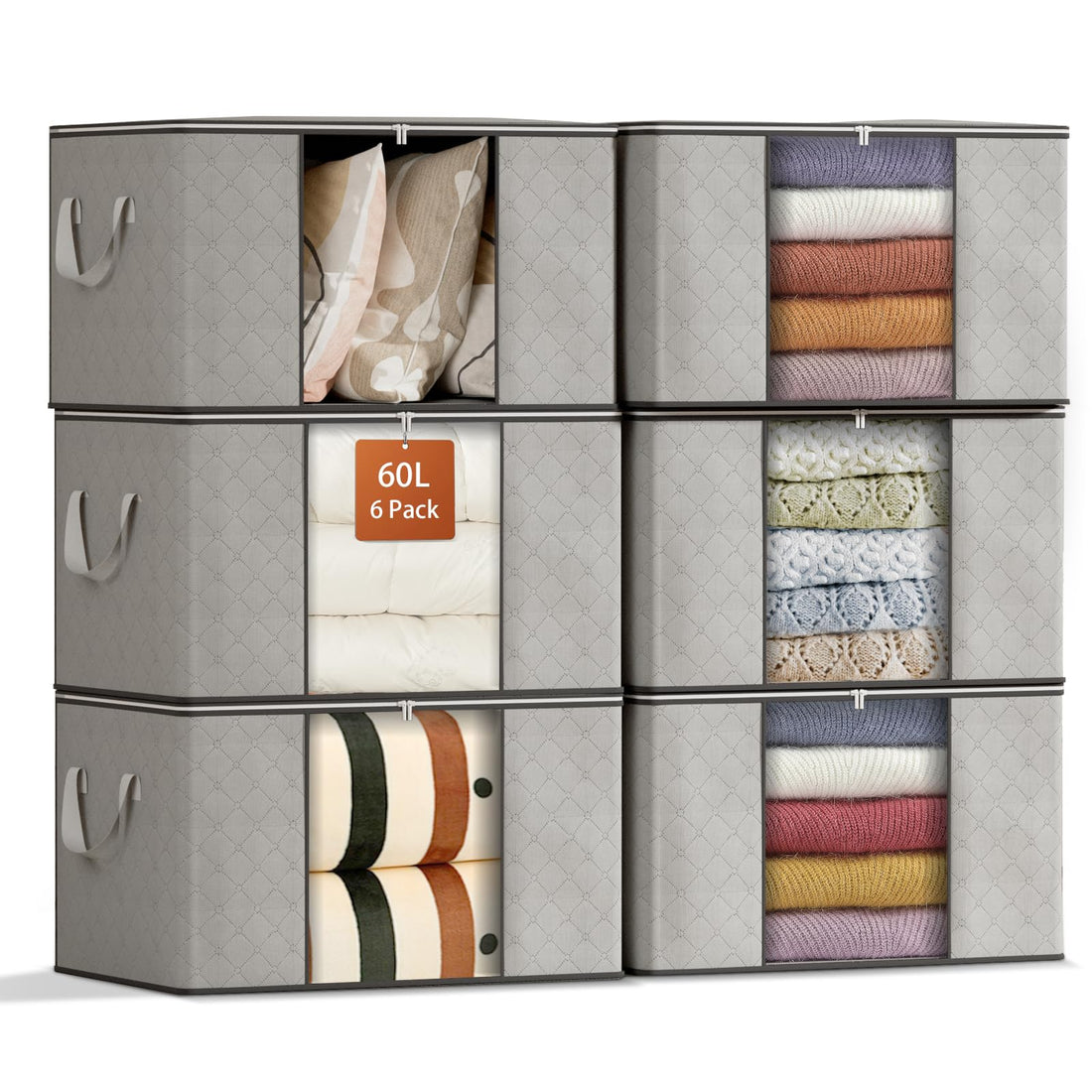 GoMaihe 6pcs Large Capacity Closet Boxes, Folding Space Saving Closet Containers, Zipper Reinforced Handle Organizer Cabinet,Moving Boxes for Clothes Quilts, Linen