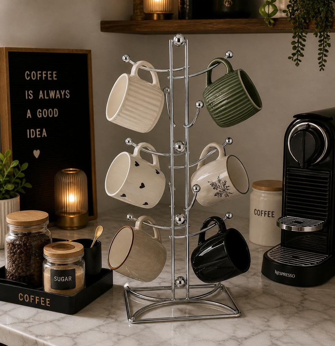 Modern Metal Cup Holder with 6 Branches - Stainless Steel Kitchen Niche Mug Organizer, Stable Rectangle Base Space Saver, Modern Coffee Tea Cup Hanging Tree - Silver