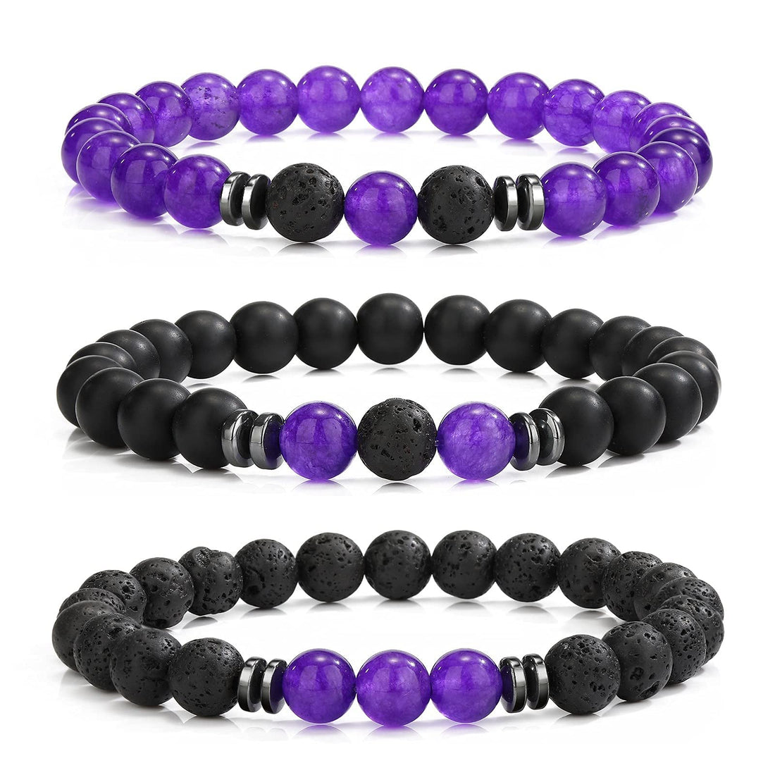 Hot And Bold Unisex Adult Natural & Original Reiki Feng Shui Triple Protection Gem Stone Crystal Beads Combo Multi Layered Bracelets, One Size, Gemstone, Anethyst