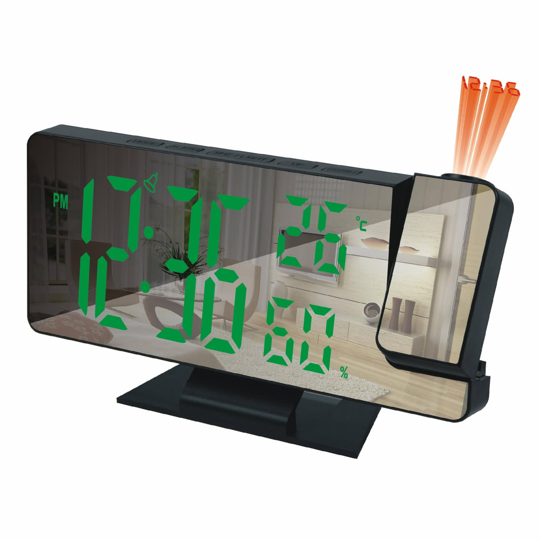 Portal Digital Alarm Clock LED Mirror Projection with Time Temperature Date Display, Large Screen, 3-Level Brightness, Snooze, USB Powered for Bedroom Desk Home Office (Green)