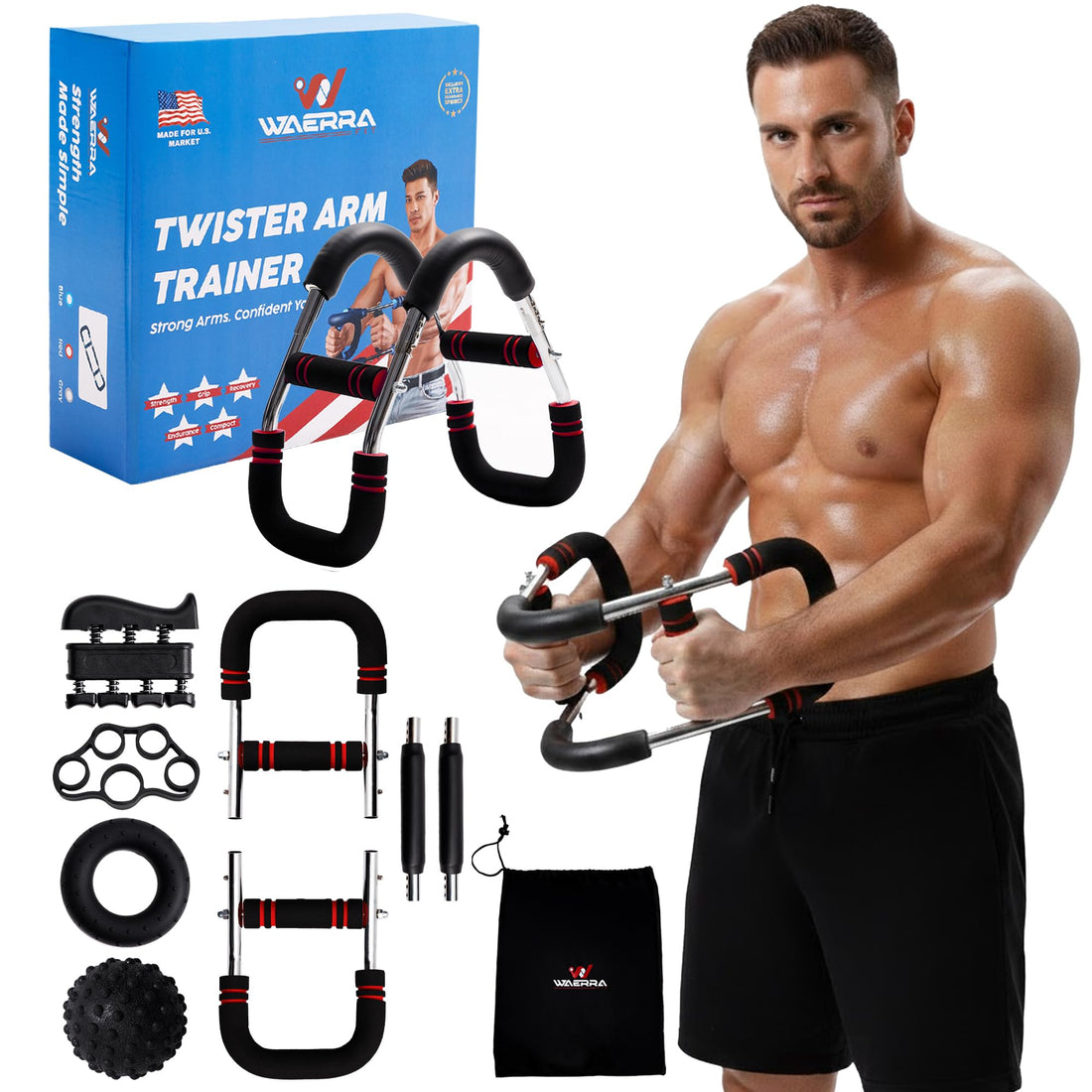 Adjustable Twister Arm Trainer – Modular Upper Body Resistance Trainer for Home Workouts, Multiple Resistance Options Available, with Grip & Finger Training Tools and Carry Bag