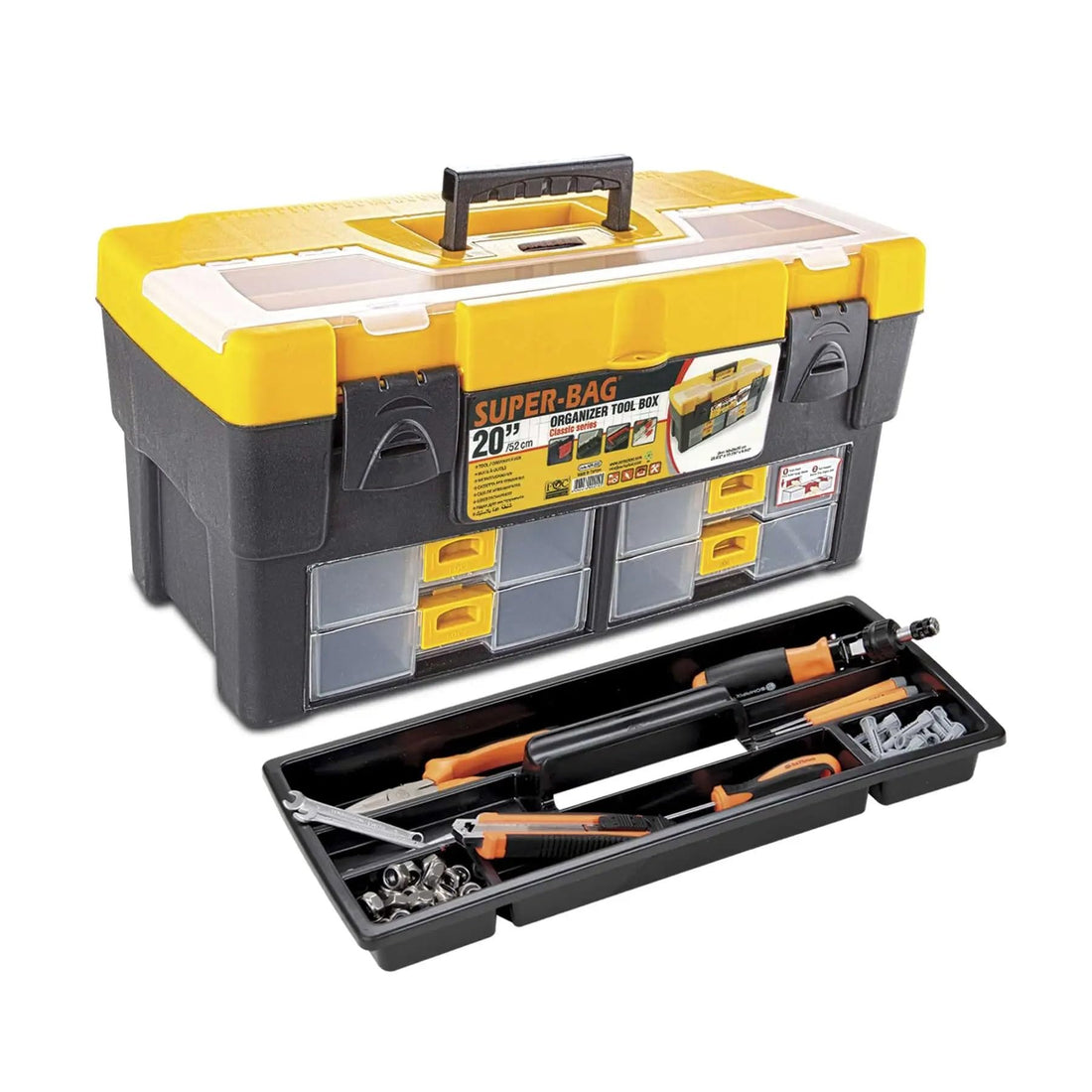 20 Inch Tool Box with Drawer, Shock Resistant Construction, Top Organizer, Retractable Drawer, Durable Design, Portable Storage and Organizer, Yellow and Black
