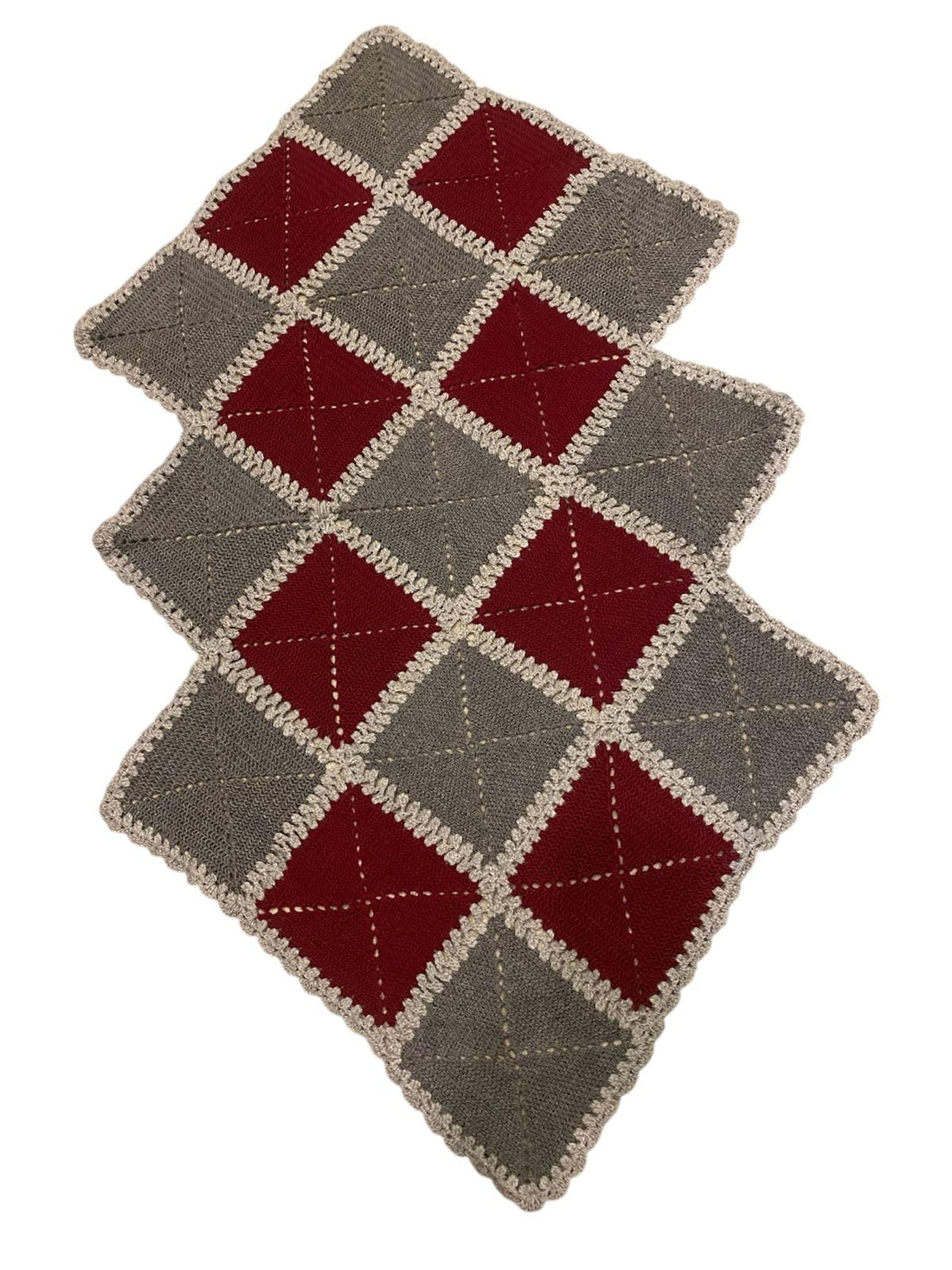 Table Runner Crochet Square Red Grey Beige Geometric Pattern Handmade Triangles 150 * 75cm