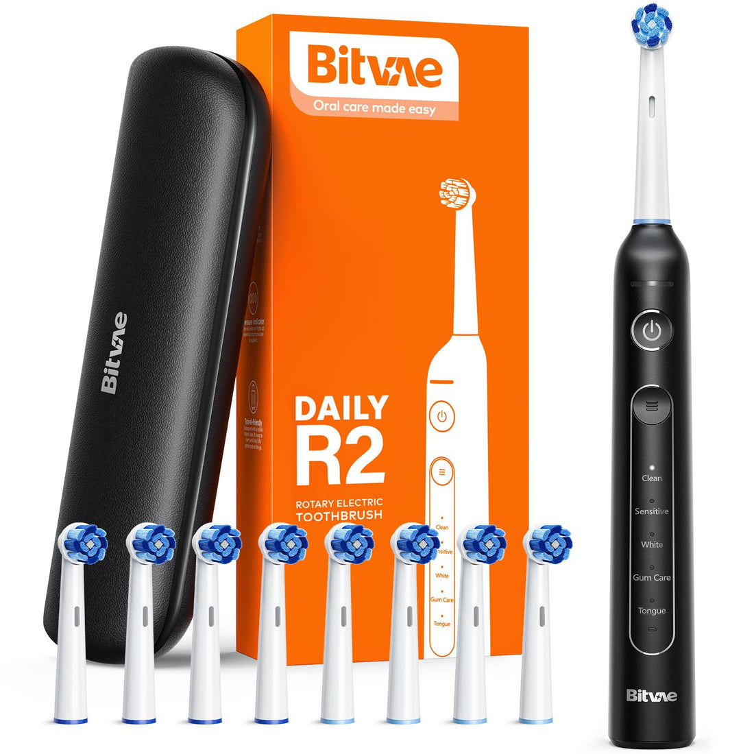 Bitvae BVR2 Toothbrush 8 heads +1 travel case Black color black